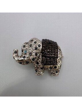 Danecraft Elephant Brooch Silver Tone Black Rhinestones Figural Vintage